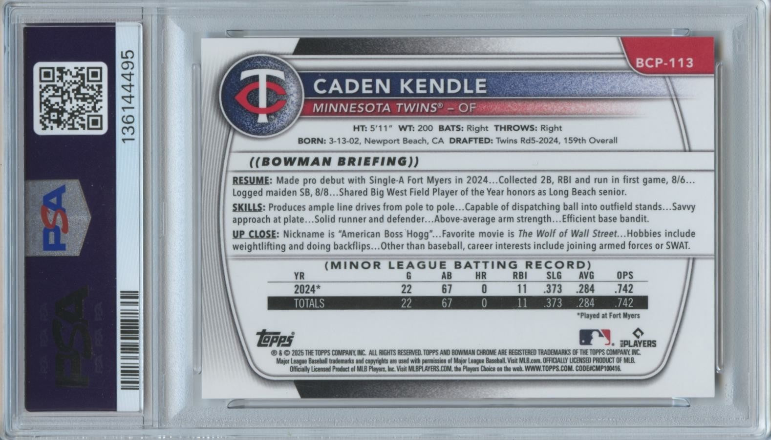 Caden Kendle 2025 Bowman Chrome 1st Peanuts SSP RC Minnesota Twins PSA 10