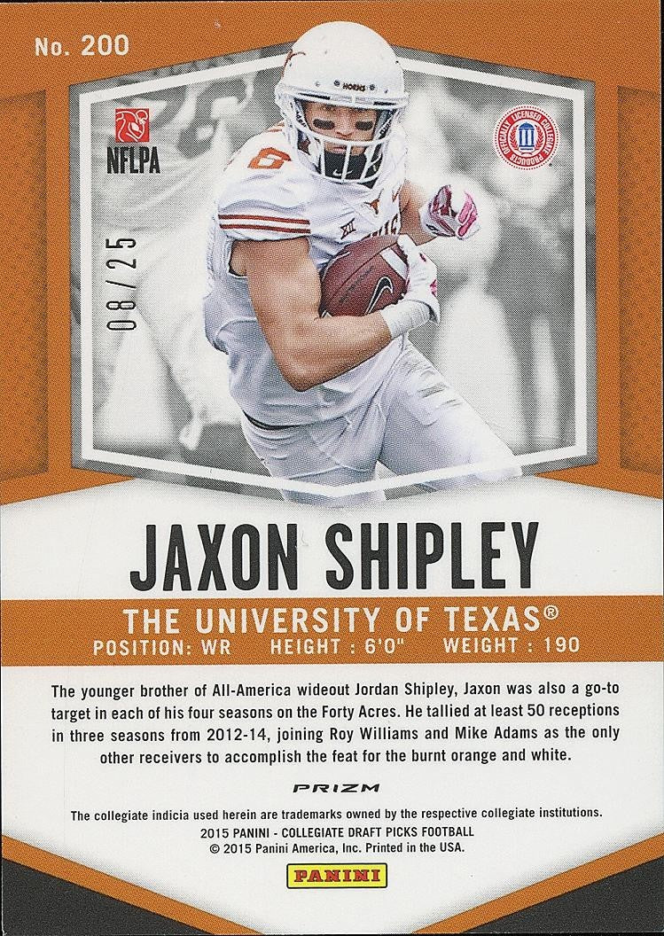 Jaxon Shipley 2015 Prizm Draft Red White & Blue Prizm RC JERSEY # Longhorns 8/25