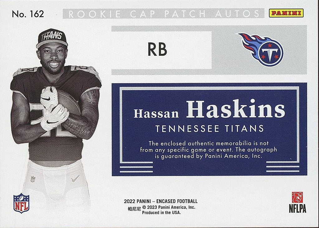 Hassan Haskins 2022 Encased Auto Autograph Cap LOGO Patch RC Rookie Titans 6/25