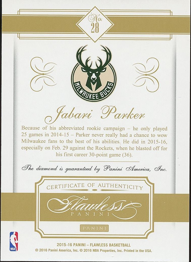 Jabari Parker 2015-16 Flawless Diamond Gem Milwaukee Bucks 3/20