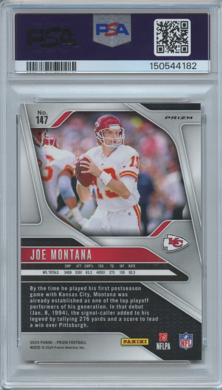 Joe Montana 2024 Prizm Red Sprakle SSP SHORT PRINT Kansas City Chiefs PSA 9