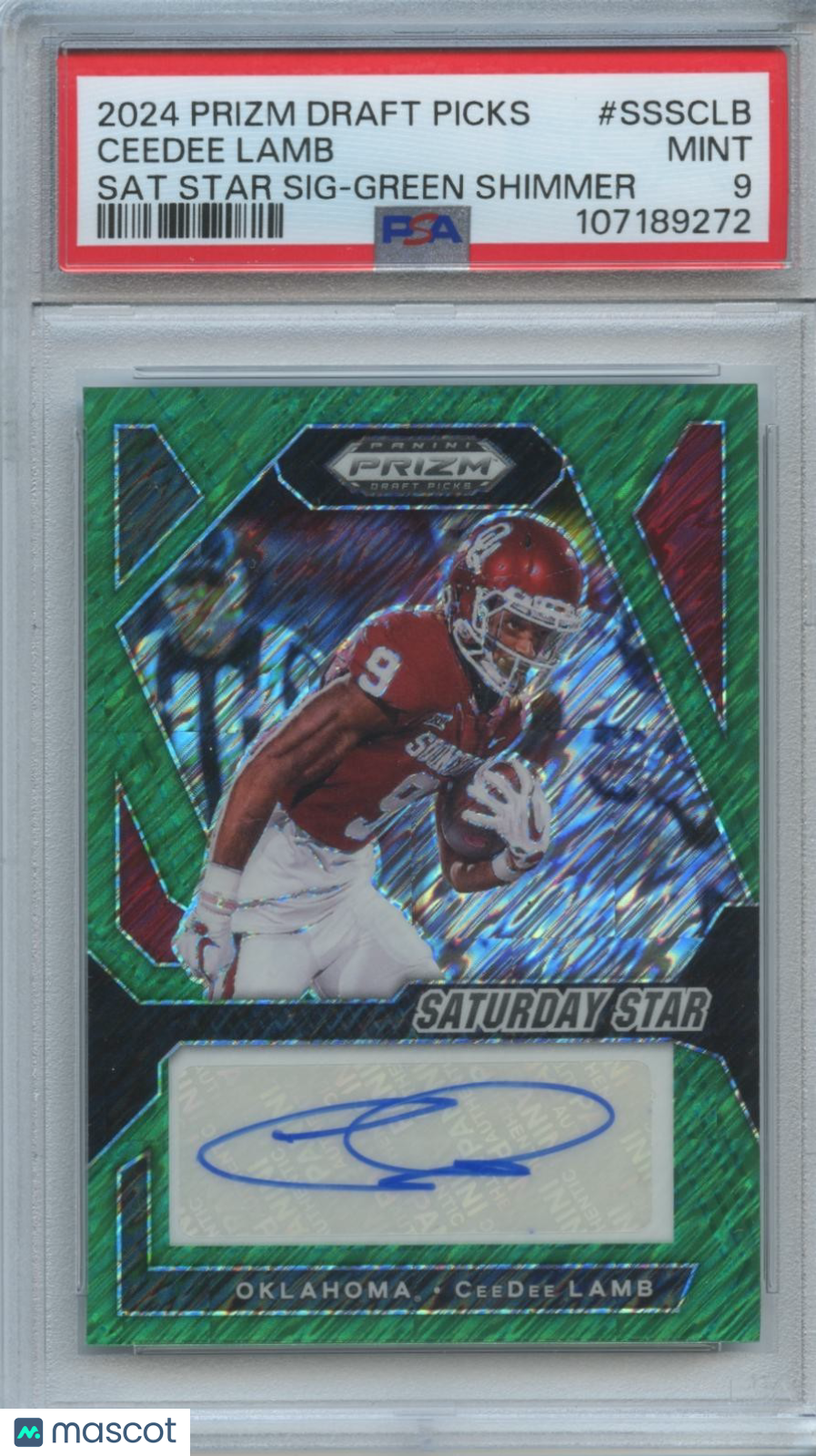 Ceedee Lamb 2024 Prizm Draft Auto Autograph Green Shimmer OU Sooners 2/8 PSA 9