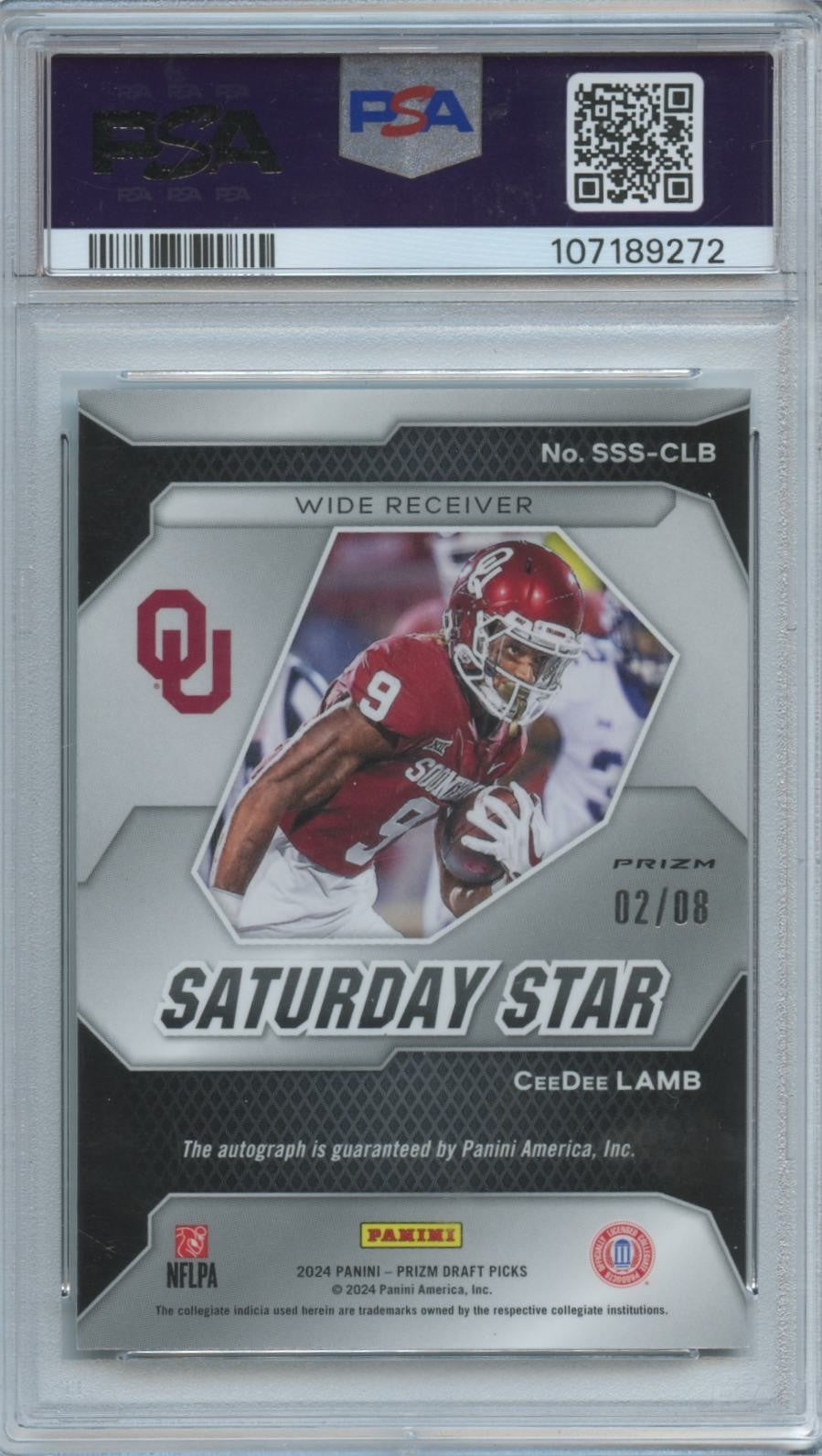 Ceedee Lamb 2024 Prizm Draft Auto Autograph Green Shimmer OU Sooners 2/8 PSA 9