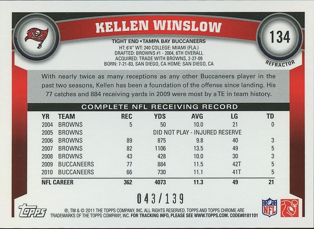 Kellen Winslow 2011 Topps Chrome Atomic Refractor Tampa Bay Buccaneers 43/139