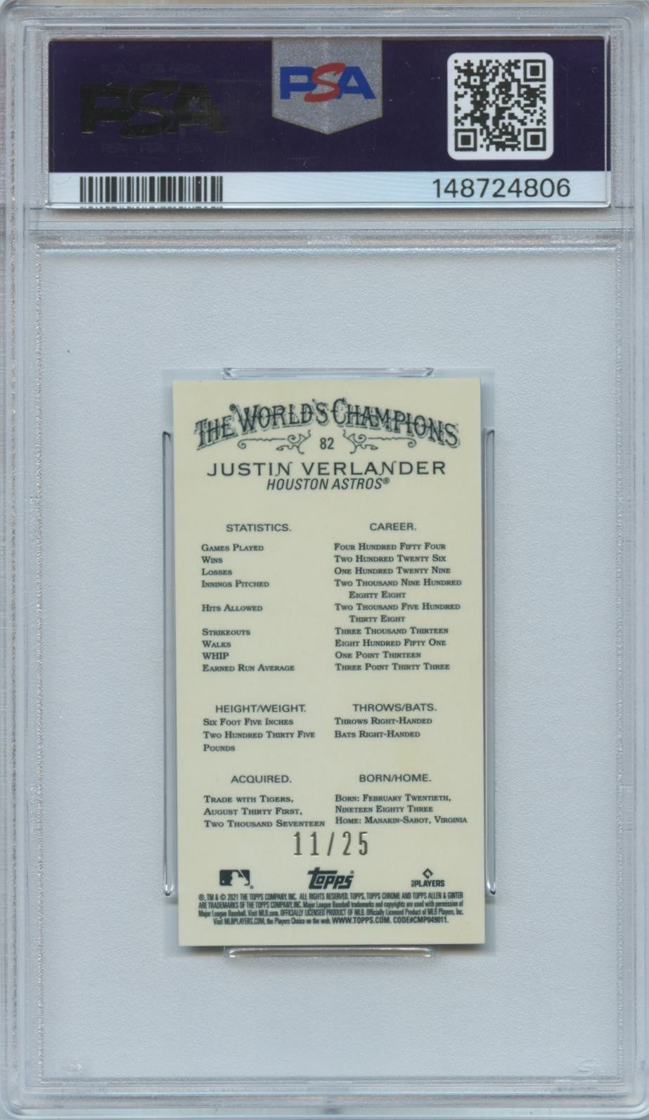 Justin Verlander 2021 Allen & Ginter MINI Orange Refractor 11/25 Astros PSA 9