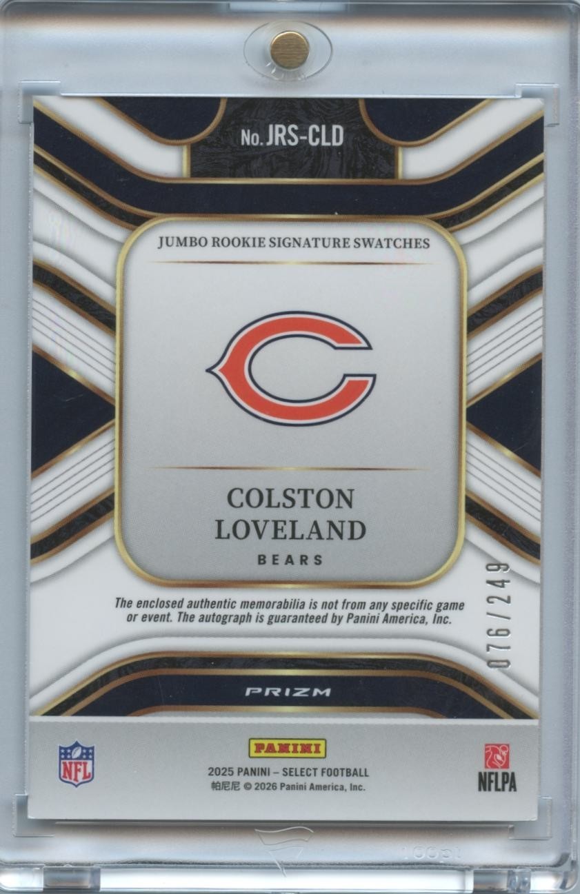 Colston Loveland 2025 Select Auto Autograph Patch Rookie Chicago Bears 76/249