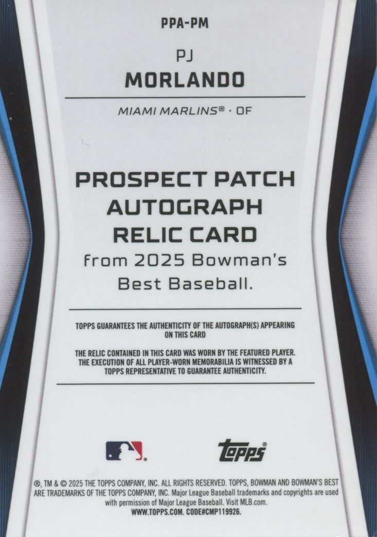 PJ Morlando 2025 Bowman's Best Auto Autograph Patch Black RC Marlins 7/10