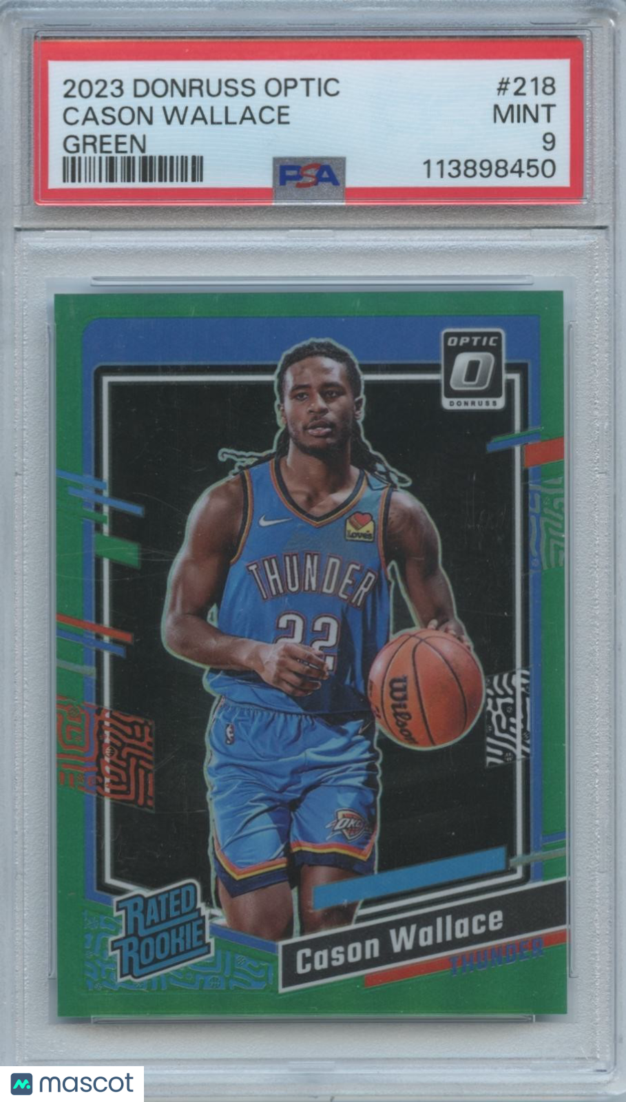Cason Wallace 2023-24 Optic Rated Rookie Green Prizm SSP OKC Thunder 2/5 PSA 9