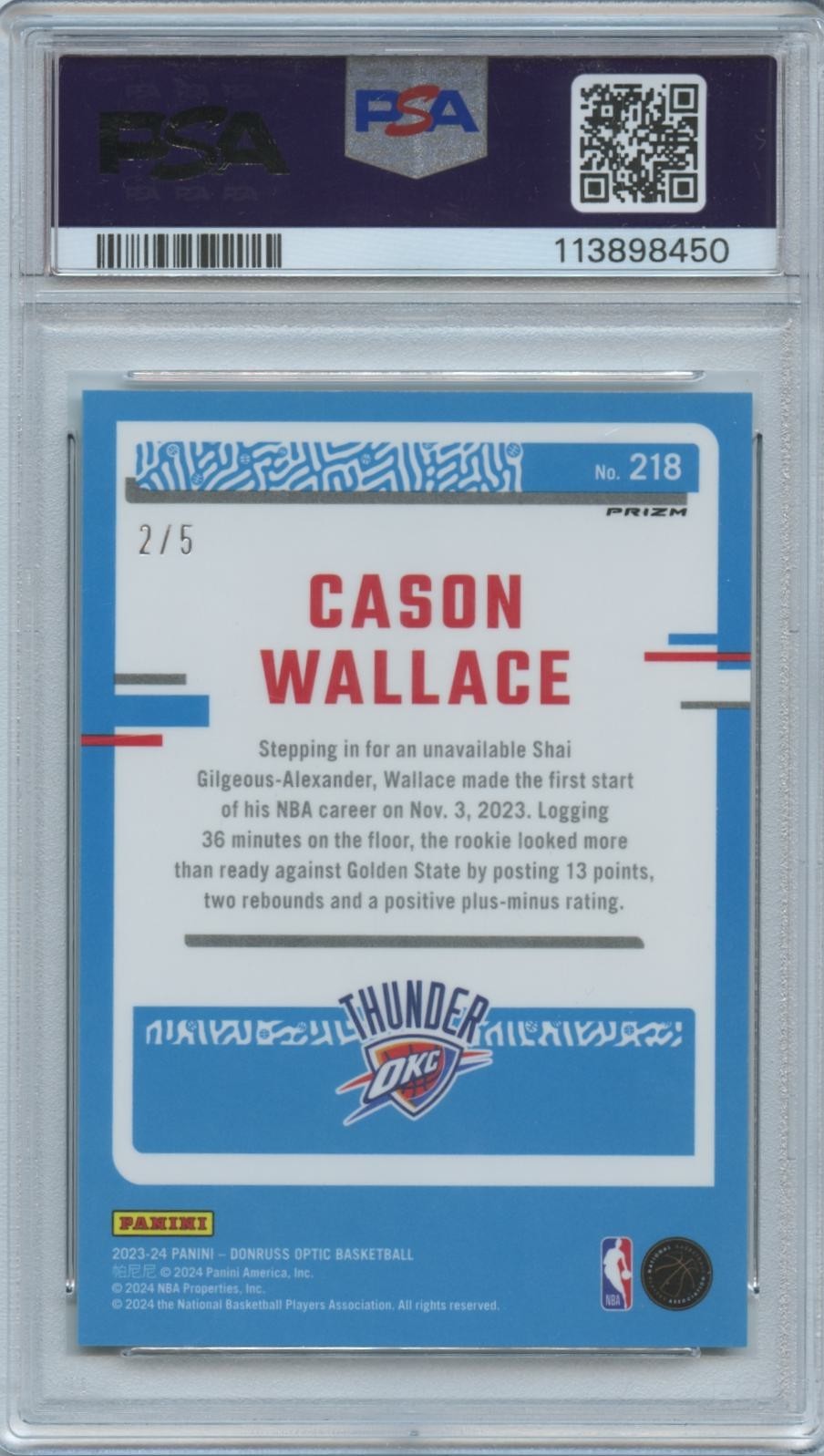 Cason Wallace 2023-24 Optic Rated Rookie Green Prizm SSP OKC Thunder 2/5 PSA 9