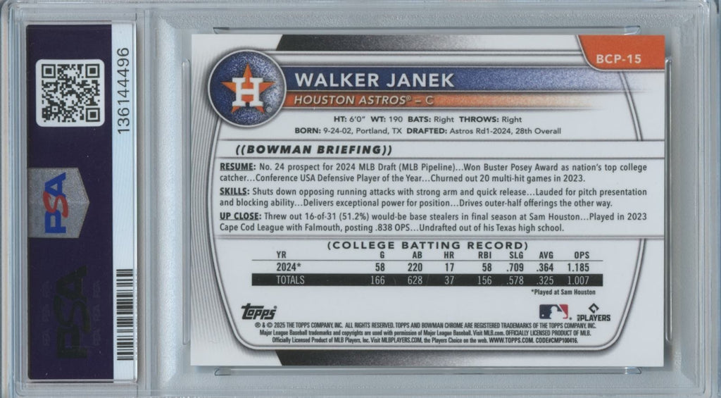 Walker Janek 2025 Bowman Chrome 1st Sunflower Seeds Refractor SSP Astros PSA 9