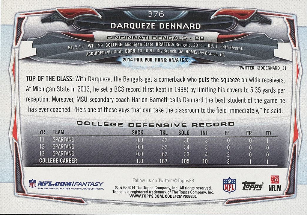 Darqueze Dennard 2014 Topps Image Variation SSP Rookie RC Cincinnati Bengals