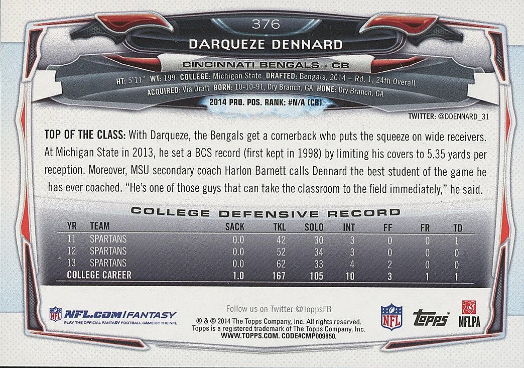 Darqueze Dennard 2014 Topps Image Variation SSP Rookie RC Cincinnati Bengals