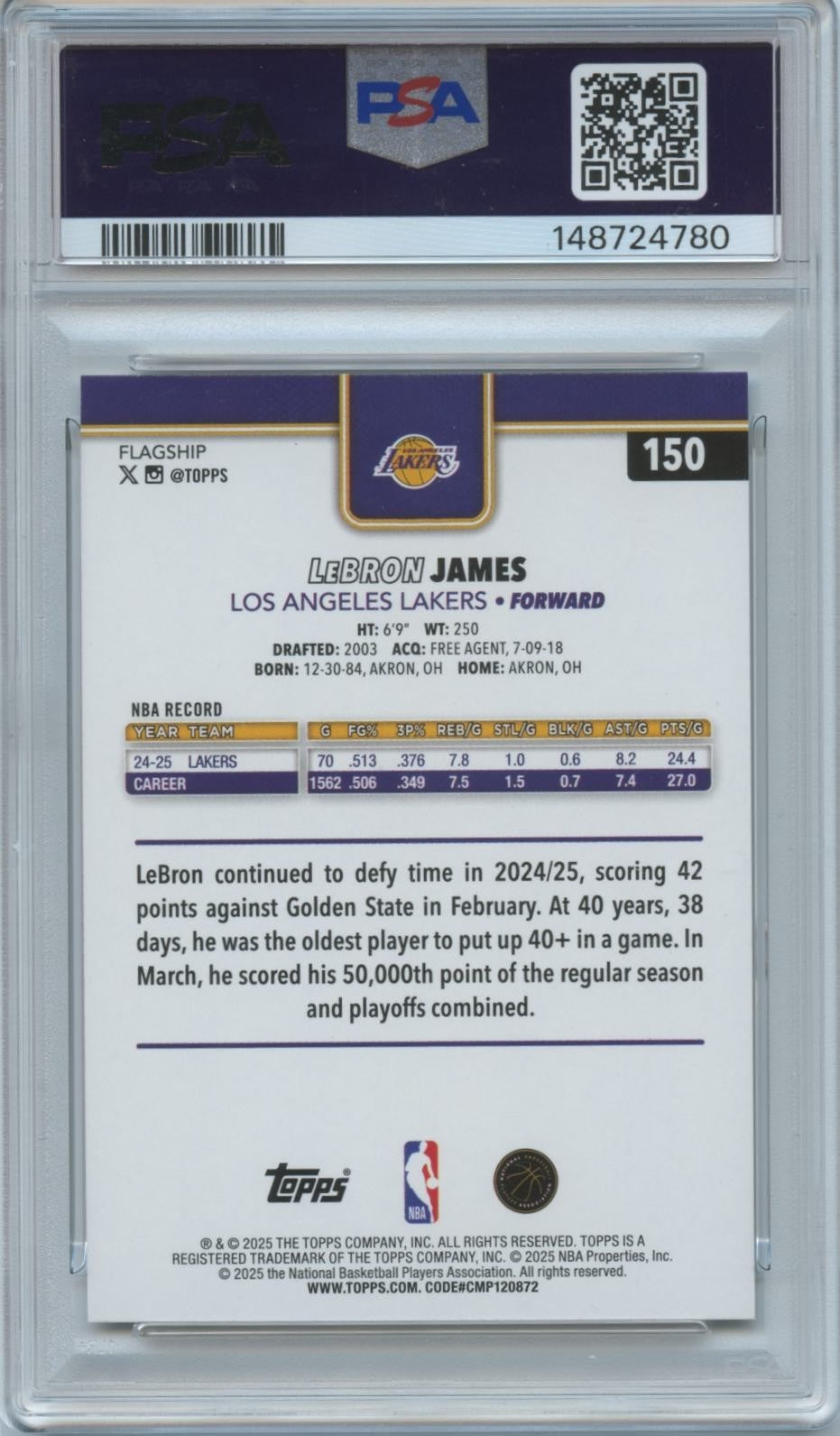 Lebron James 2025-26 Topps Rainbow Foilboard Los Angeles Lakers #150 PSA 10