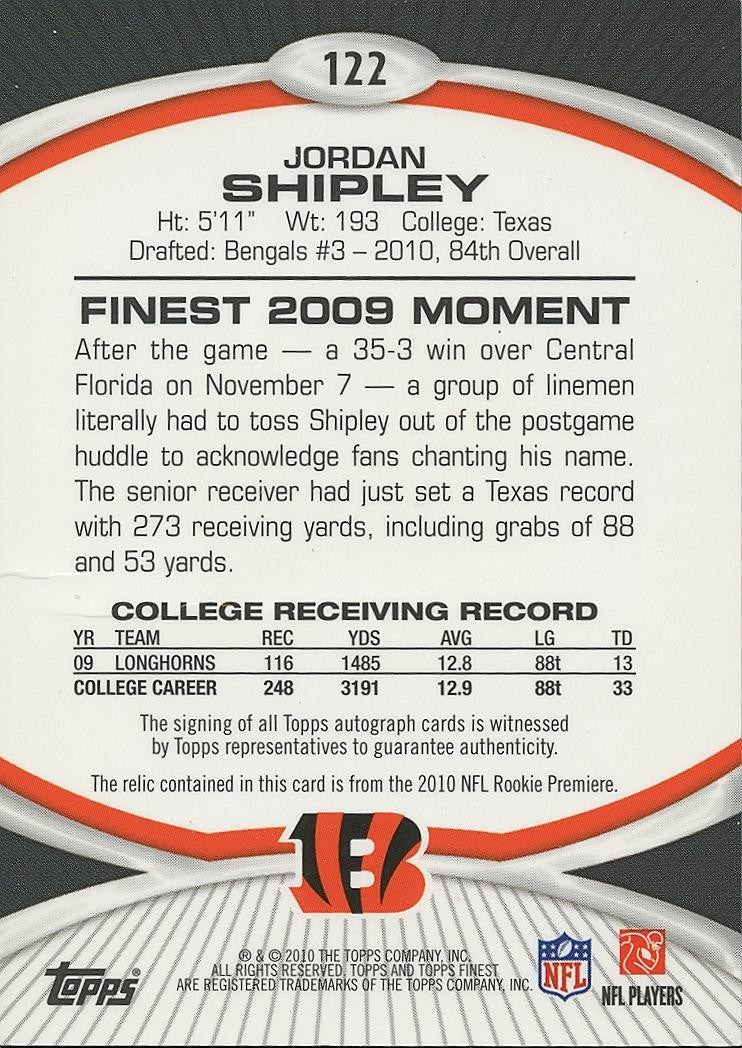 Jordan Shipley 2010 Topps Finest Rebook LOGO Patch Auto Autograph Bengals /350