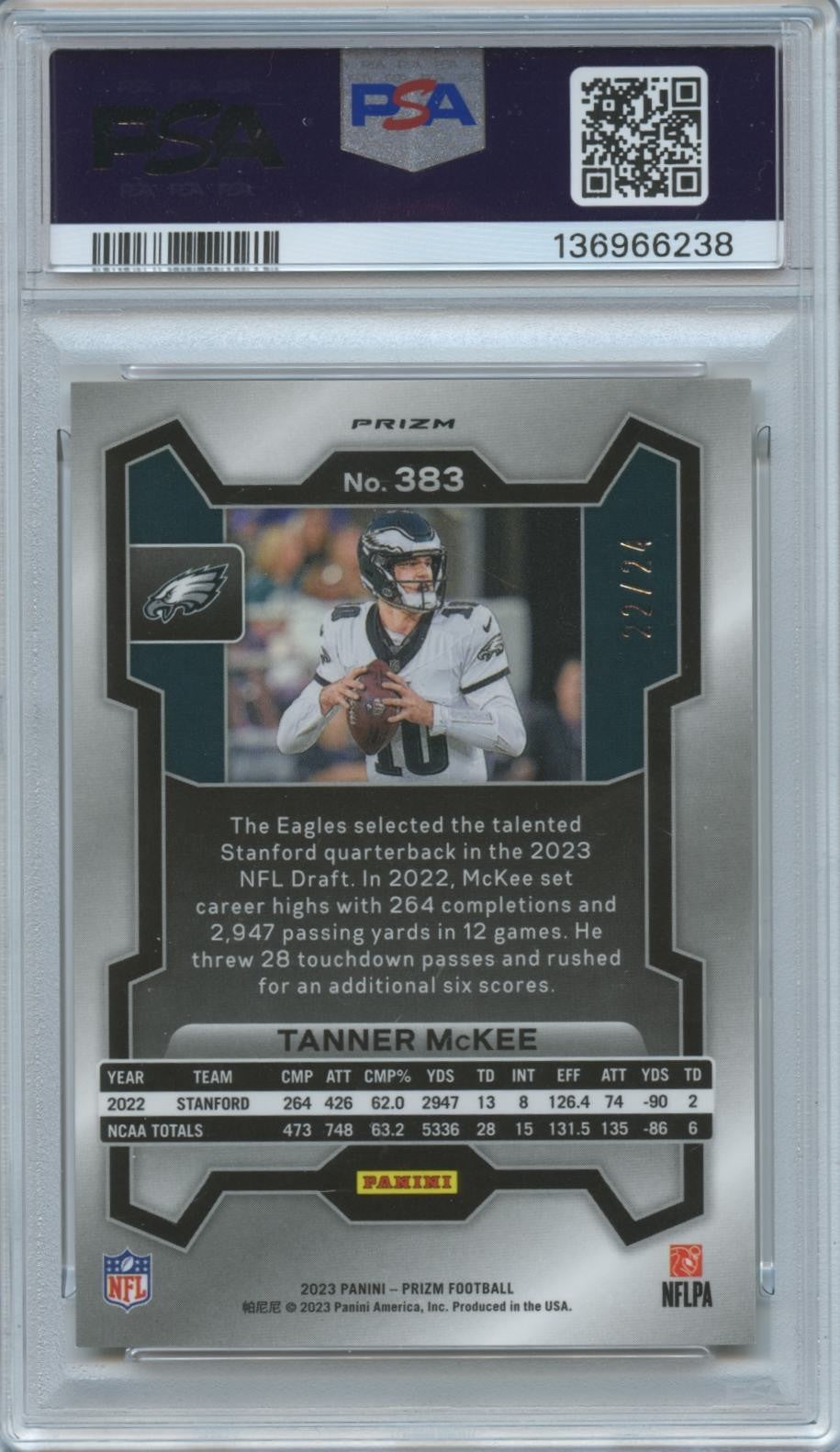 Tanner Mckee 2023 Prizm GOLD Sparkle Prizm Rookie RC Eagles 22/24 PSA 9