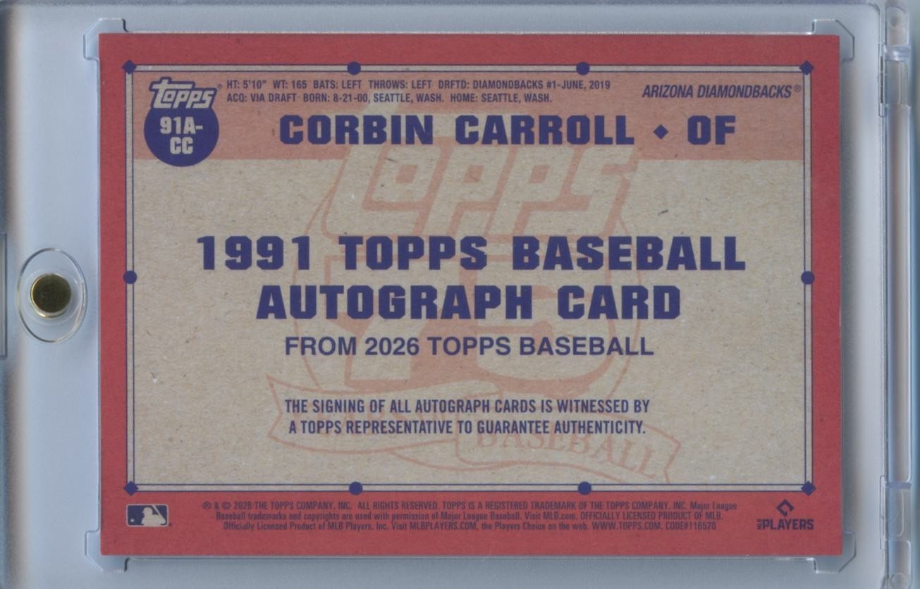 Corbin Carroll 2026 Topps On Card Auto Autograph Arizona Diamondbacks 139/150