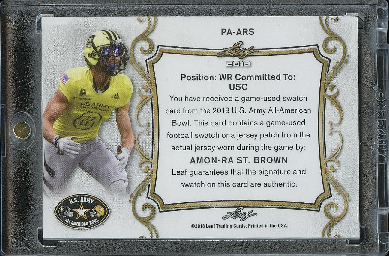 Amon-Ra St. Brown 2018 Leaf Trinity Auto Autograph GAME WORN Patch US Army 15/15