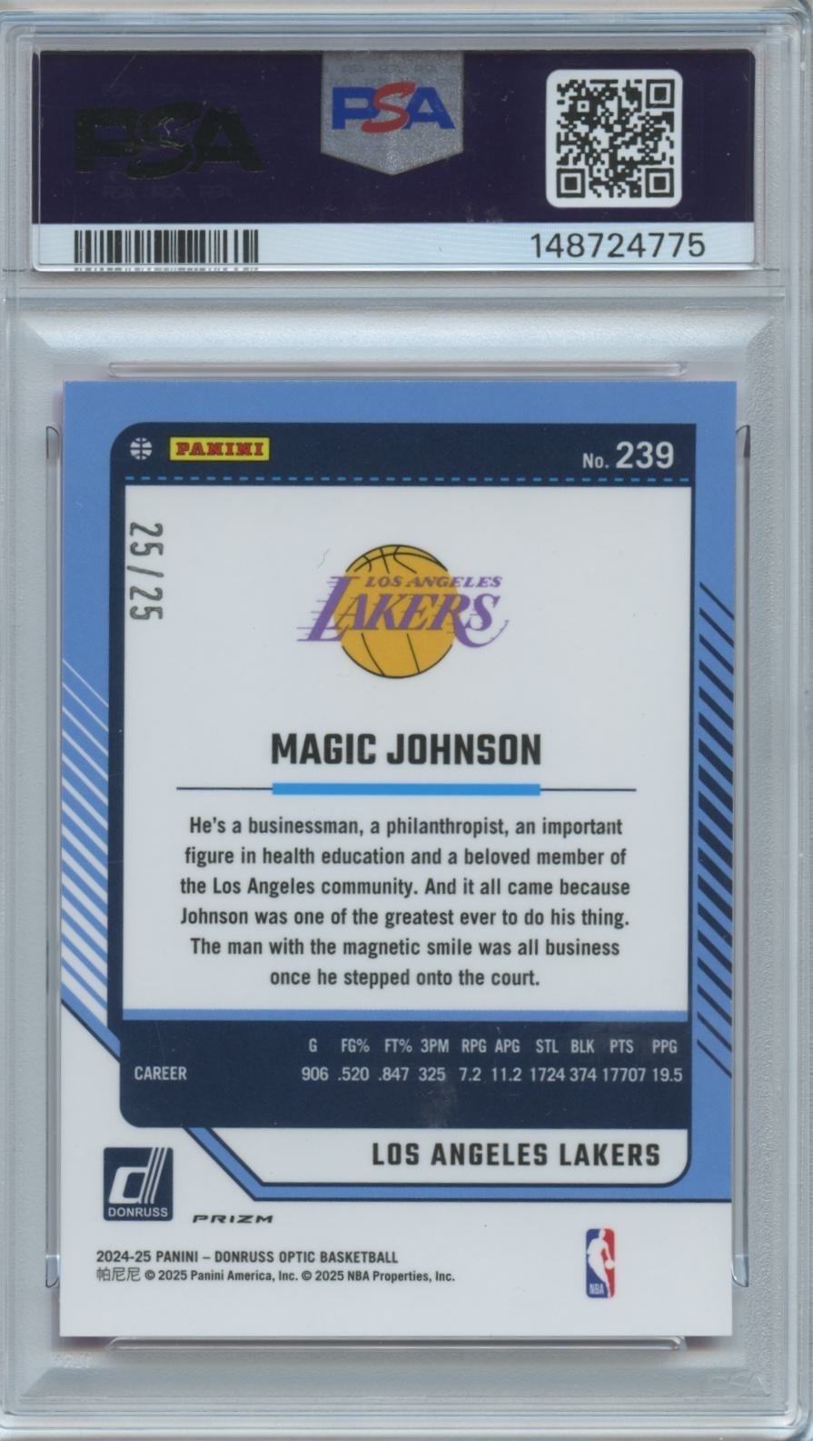 Magic Johnson 2024-25 Optic Pink FastBreak Prizm 25/25 Los Angeles Lakers PSA 9