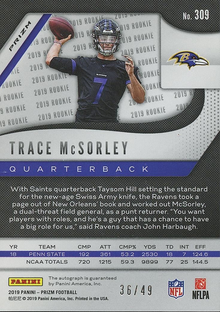 Trace Mcsorley 2019 Prizm Purple Auto Autograph RC Baltimore Ravens READ 36/49