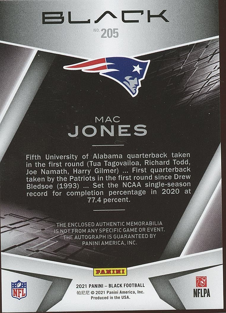 Mac Jones 2021 Black Auto Autograph Jersey Patch RC New England Patriots 144/149