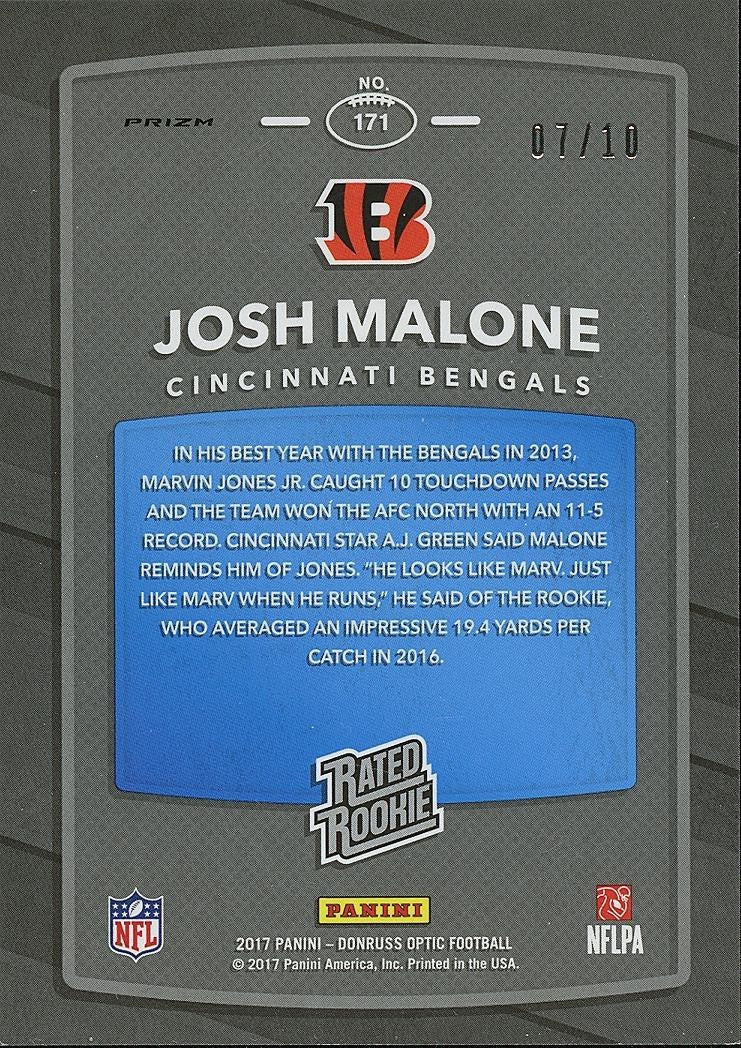 Josh Malone 2017 Optic Rated Rookie GOLD Prizm RC Cincinnati Bengals 7/10