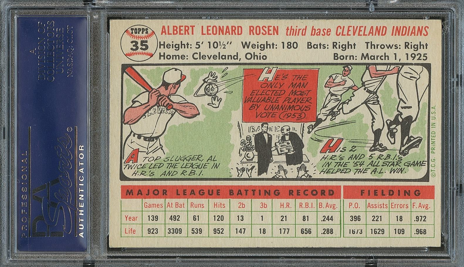 Al Rosen 1956 Topps White Back  Baseball Card Cleveland Indians #35 PSA 7