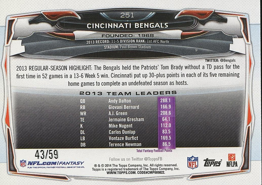 Cincinnati Bengals 2014 Topps Team Card BLACK Parallel 43/59 #251
