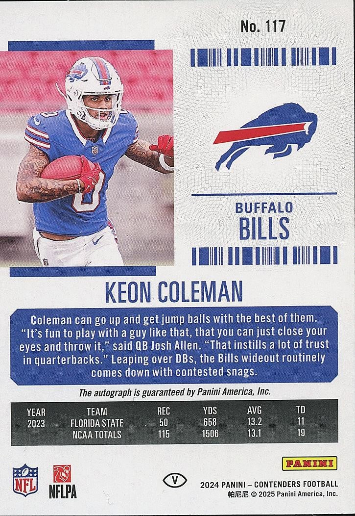 Keon Coleman 2024 Contenders GREEN SSP On Card Auto Autograph RC Buffalo Bills