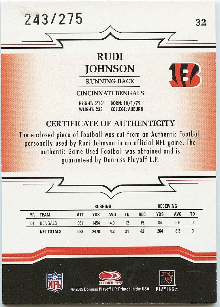 Rudi Johnson 2005 Donruss Game Used Football LOGO Patch Bengals 243/275