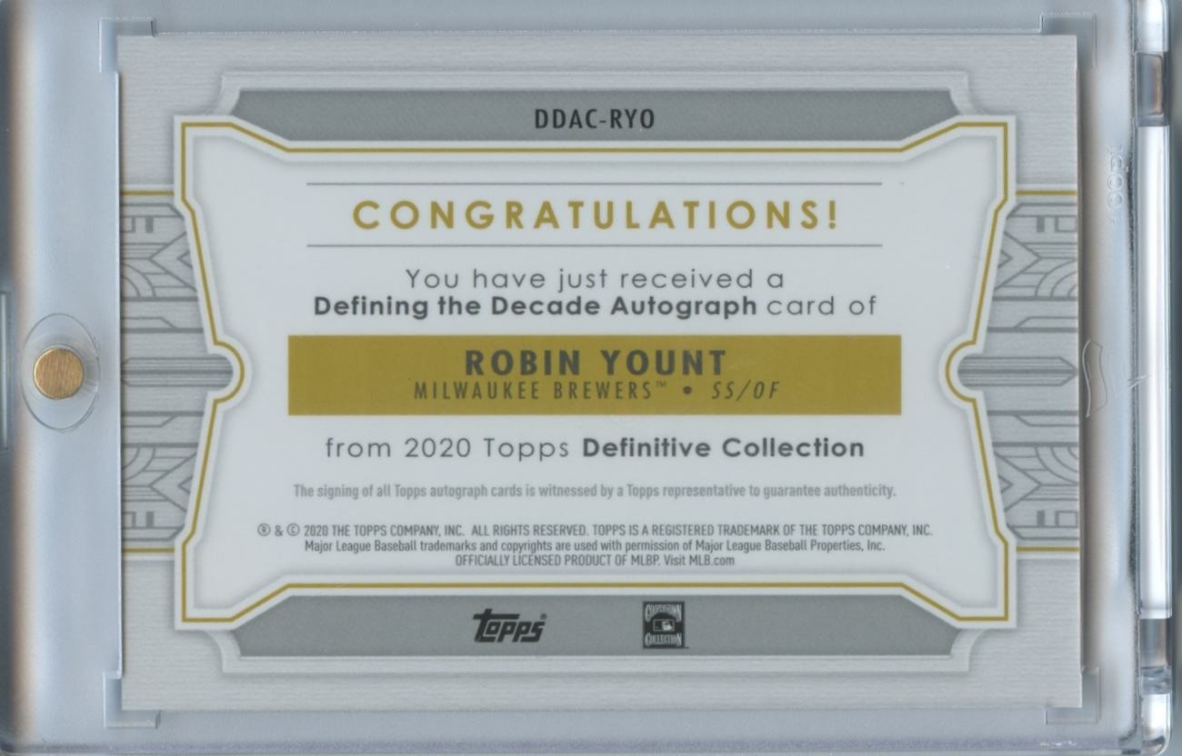 Robin Yount 2020 Definitive On Card Auto Autograph Milwaukee Brewers 1/10