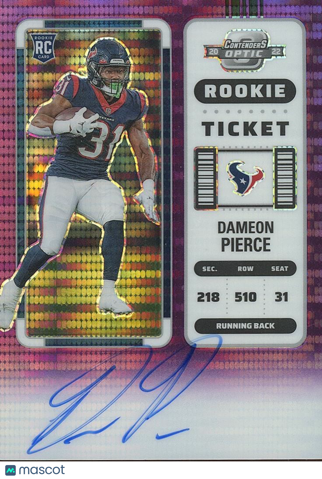 Dameon Pierce 2022 Contenders Optic Auto Autograph RC Houston Texans 11/21