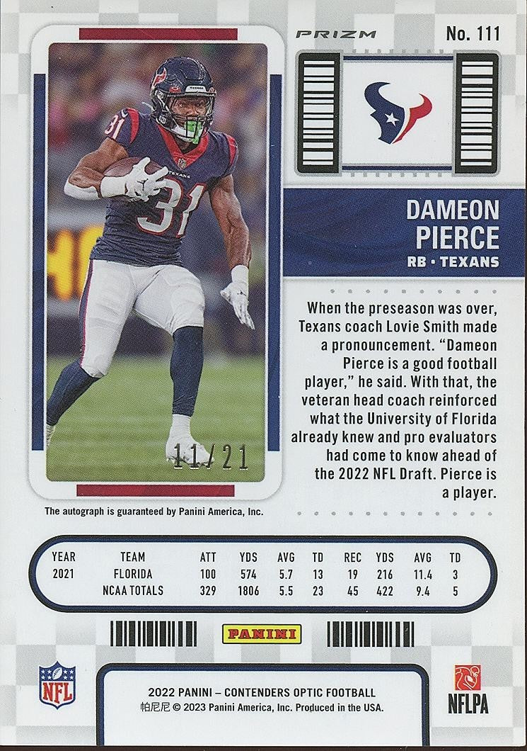 Dameon Pierce 2022 Contenders Optic Auto Autograph RC Houston Texans 11/21