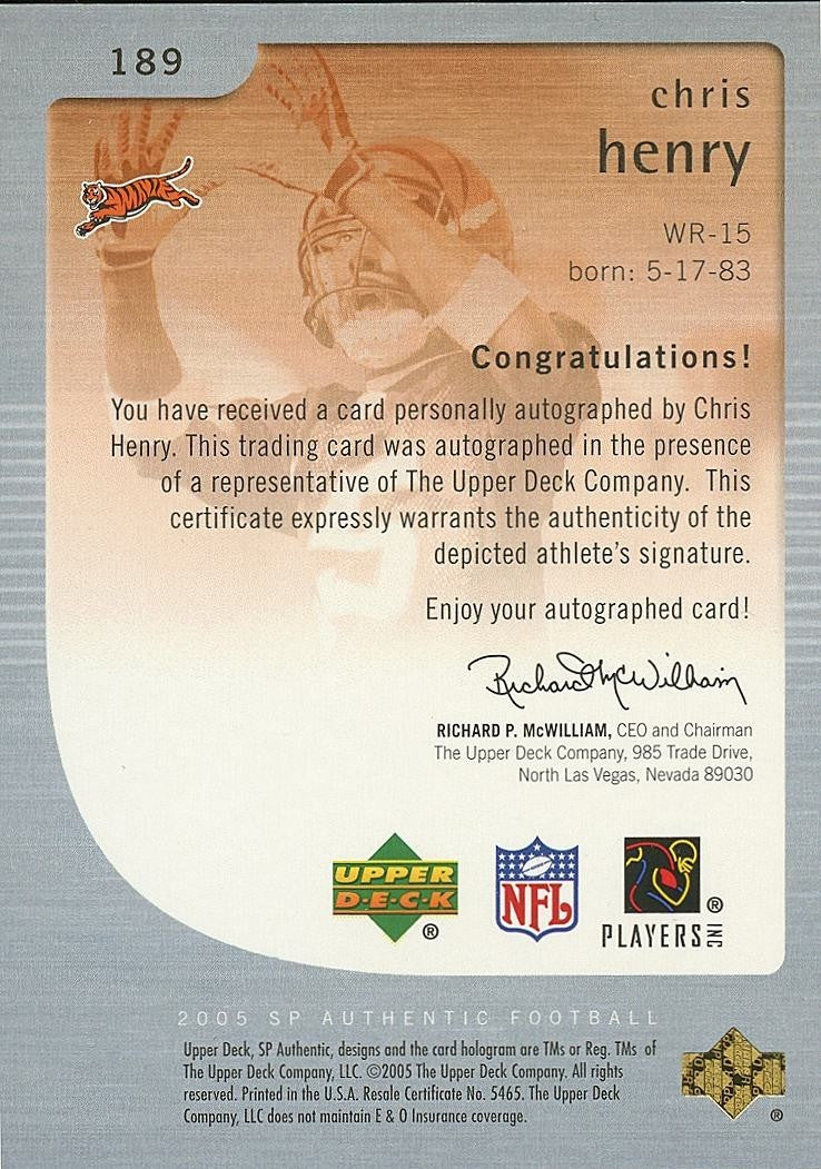 Chris Henry 2005 SP Authentic Auto Autograph RC Rookie Bengals 674/850