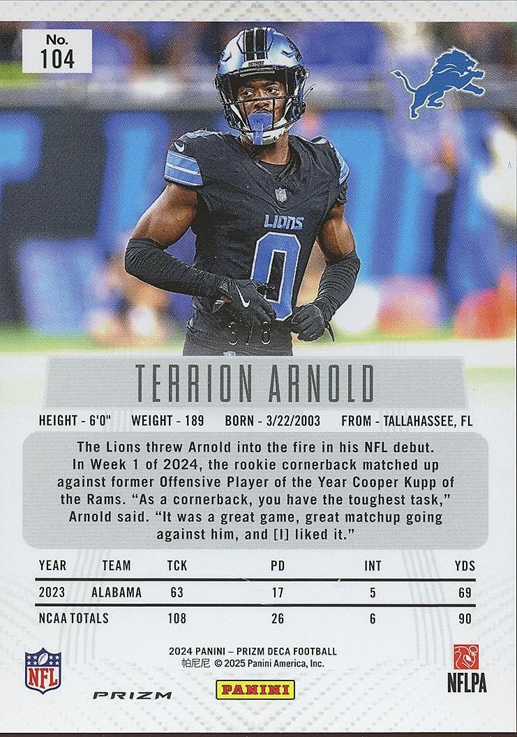 Terrion Arnold 2024 Prizm Deca Black Gold Prizm SSP Rookie RC Detroit Lions 3/8