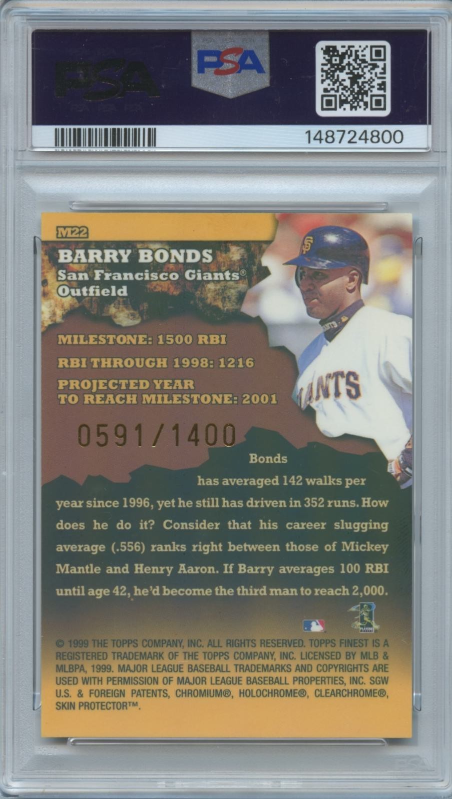 Barry Bonds 1999 Finest Milestones Refractor SF Giants 591/1400 PSA 9