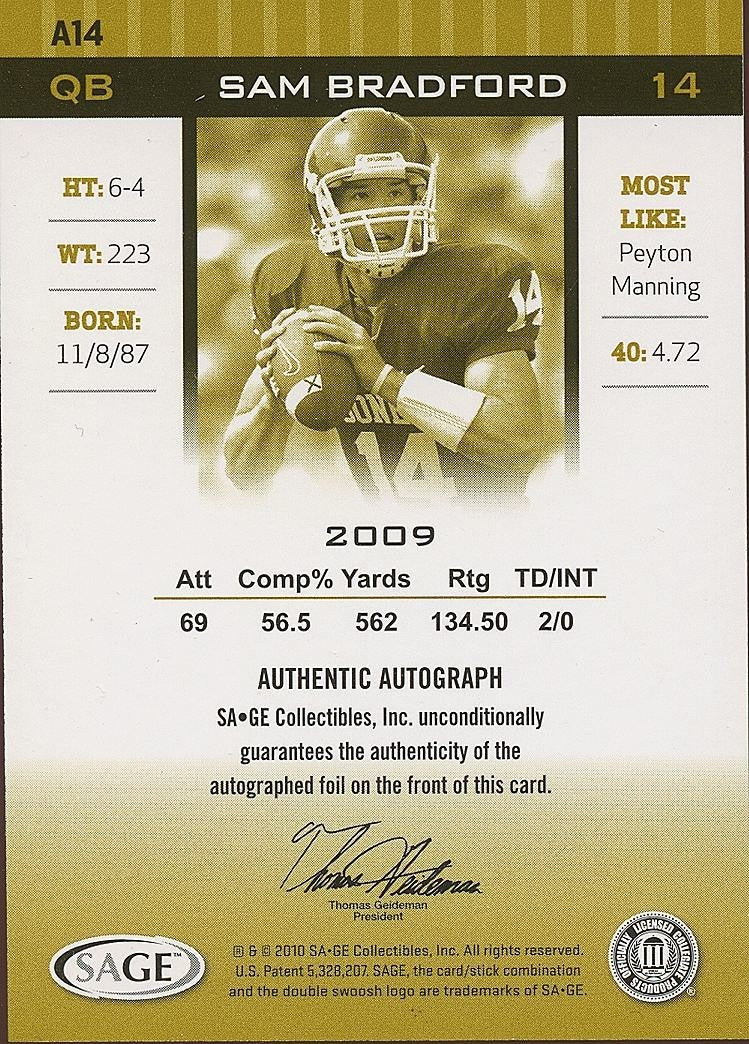Sam Bradford 2010 SAGE HIT Auto Autograph RC Rookie Oklahoma Sooners Rams