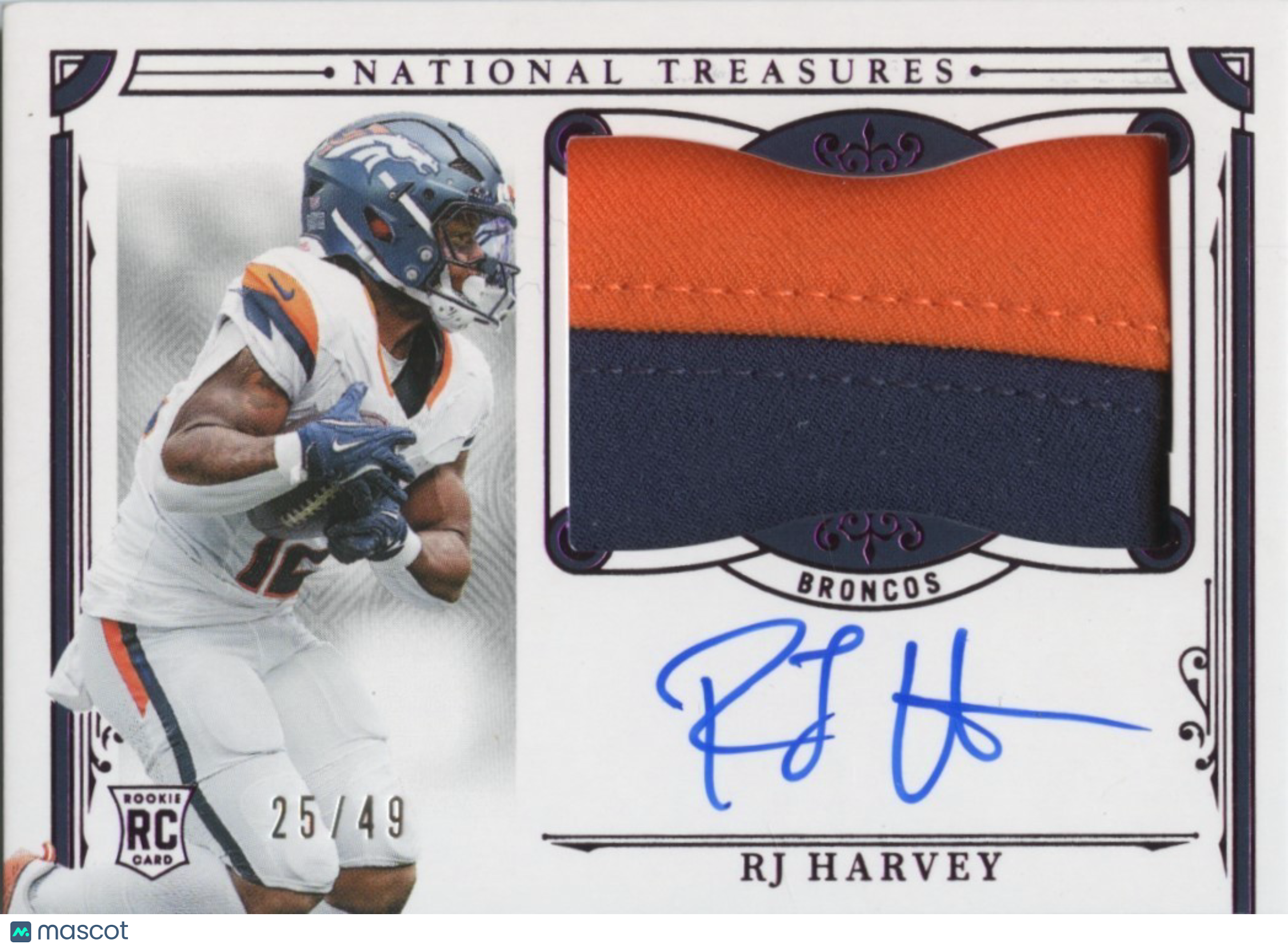 RJ Harvey 2025 National Treasures Auto Autograph Patch RC Denver Broncos 25/49