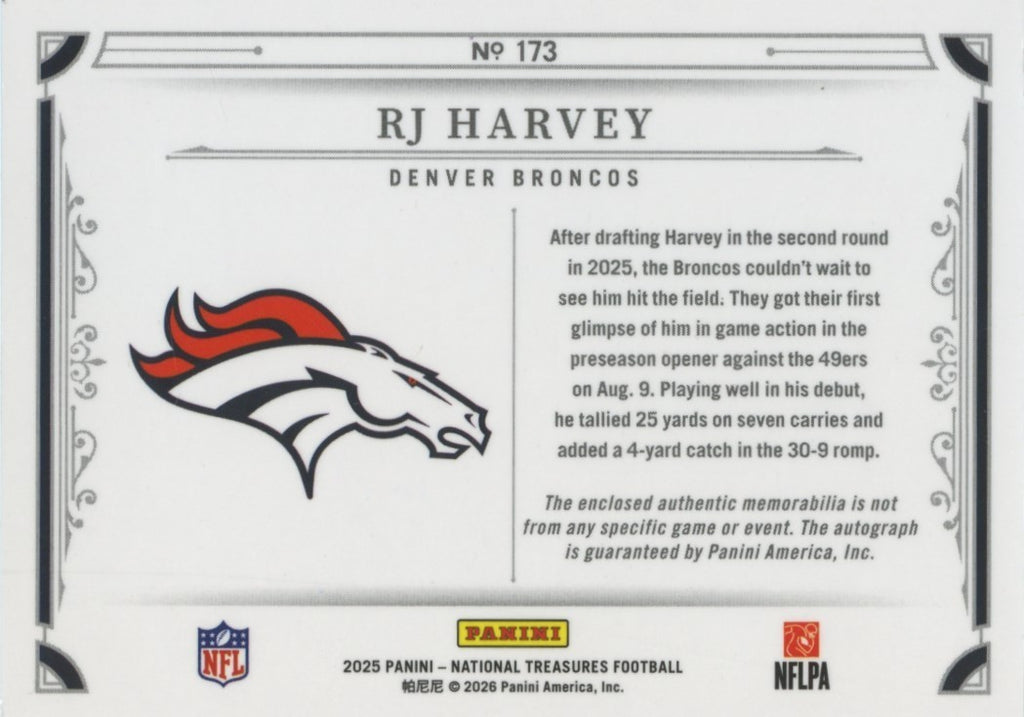 RJ Harvey 2025 National Treasures Auto Autograph Patch RC Denver Broncos 25/49