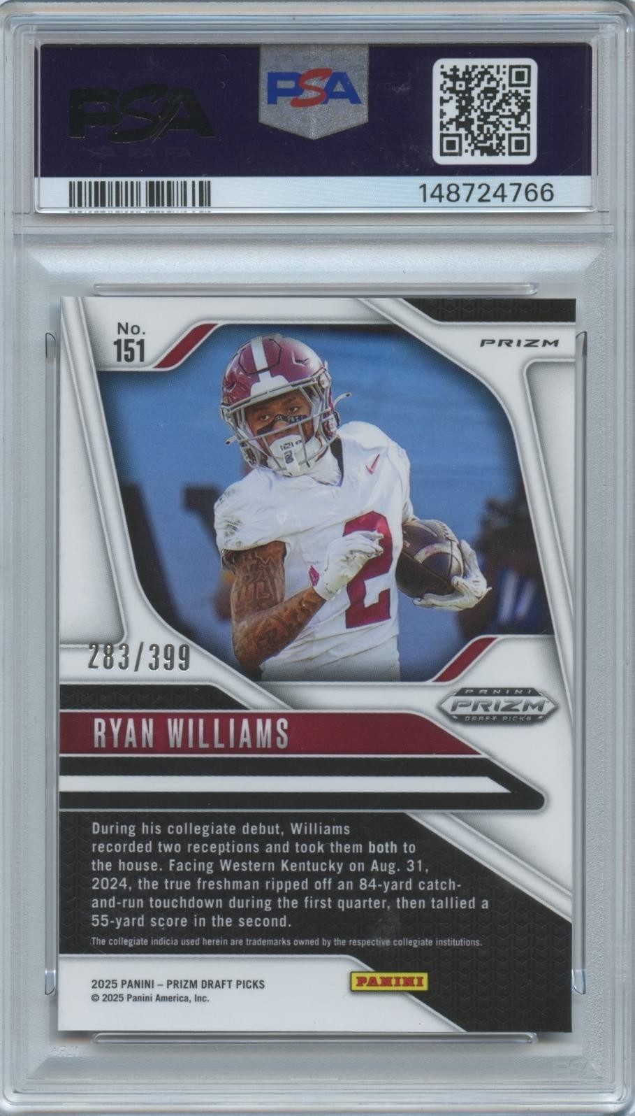 Ryan Williams 2025 Prizm Draft Red Prizm Rookie RC Alabama 283/399 PSA 10