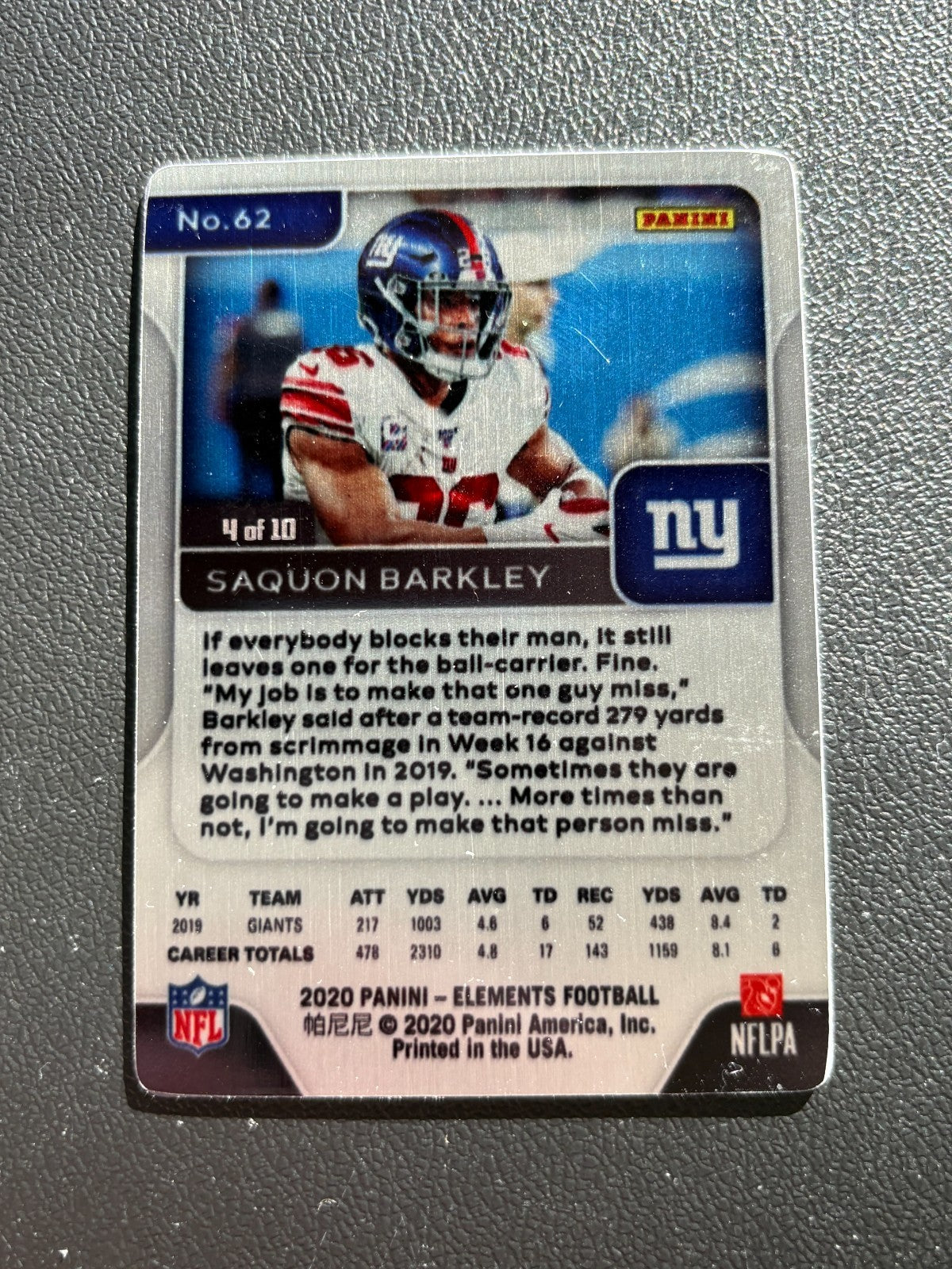 Saquon Barkley 2020 Elements Neon SSP Metal Card New York Giants 4/10
