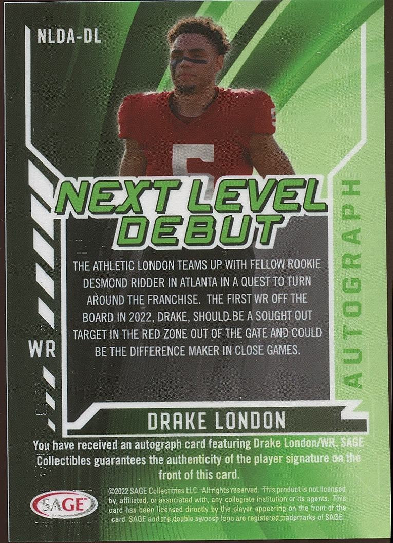 Drake London 2022 SAGE HIT Auto Autograph RC Rookie USC Atlanta Falcons