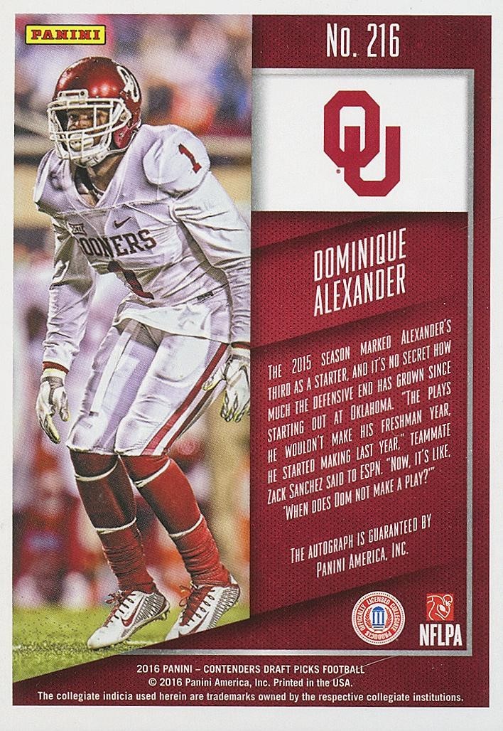 Dominique Alexander 2016 Contenders Cracked Ice Auto Autograph OU Sooners 6/23