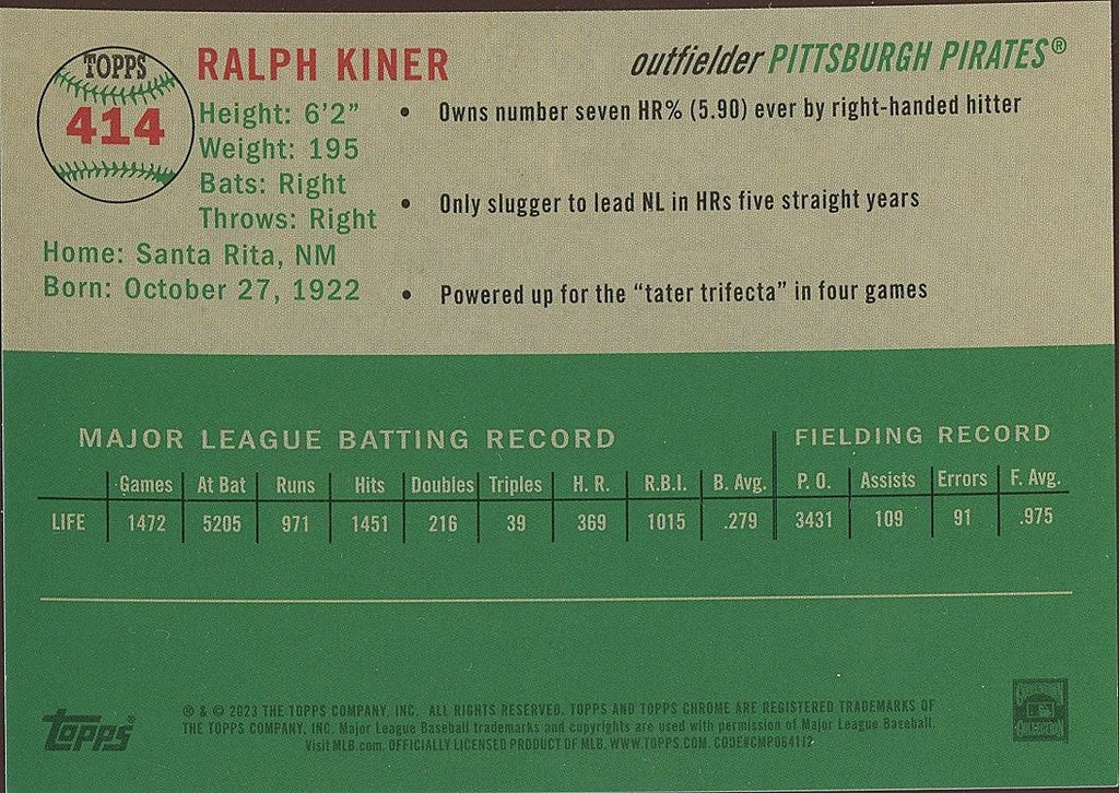 Ralph Kiner 2023 Topps Chrome Platinum Orange Refractor Pirates 17/25