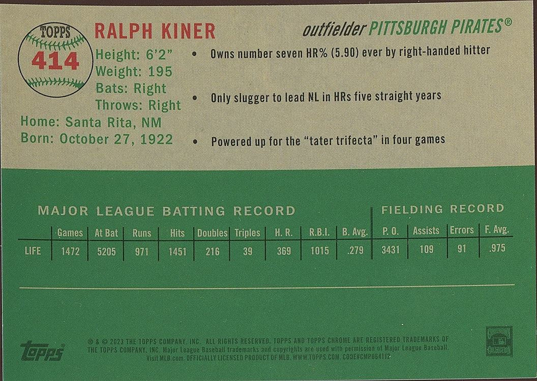 Ralph Kiner 2023 Topps Chrome Platinum Orange Refractor Pirates 17/25
