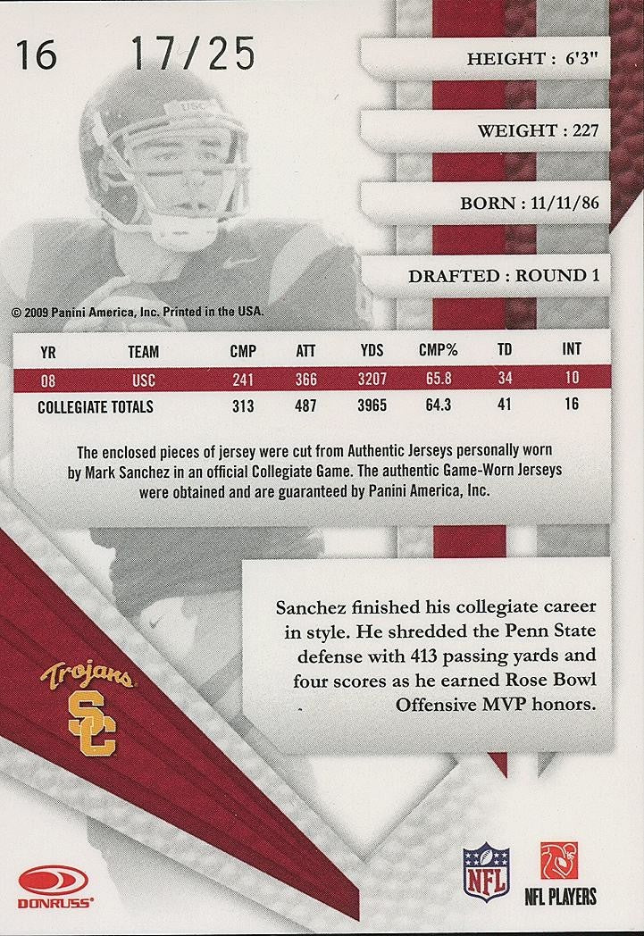 Mark Sanchez 2009 Absolute College GAME WORN Patch USC Trojans 17/25