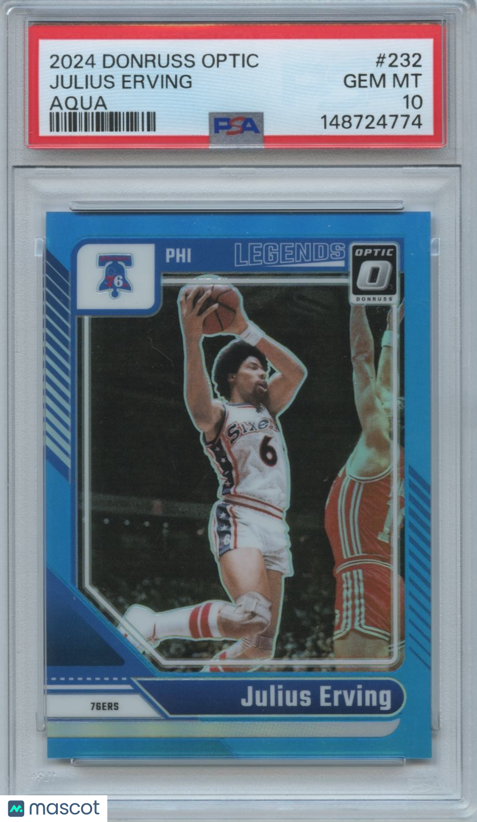 Julius Erving 2024-25 Optic Aqua Prizm Philadelphia 76ers 211/225 PSA 10