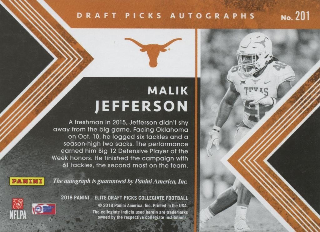 Malik Jefferson 2018 Elite GOLD Cracked Ice Auto Autograph Texas Longhorns 1/10