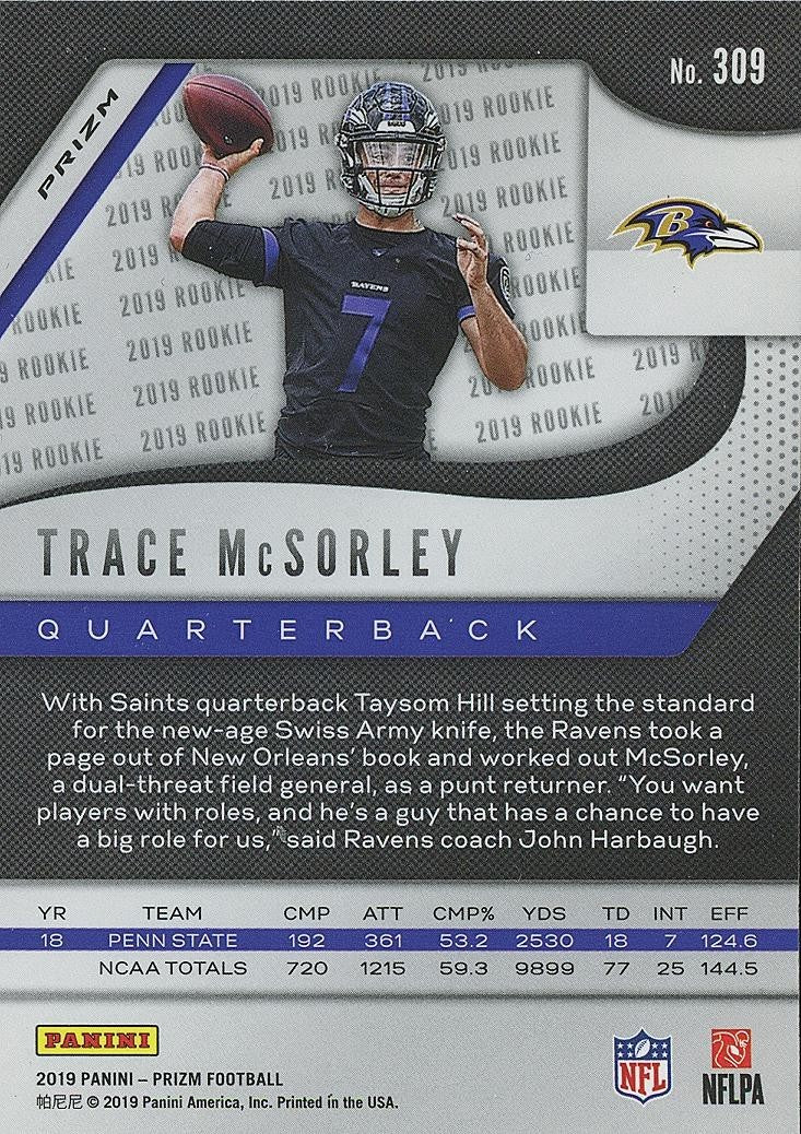 Trace Mcsorley 2019 Select White Sparkle Prizm SSP Rookie Baltimore Ravens #309