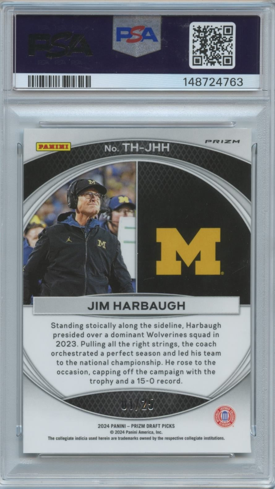 Jim Harbaugh 2024 Prizm Draft Trophy Hunting Mojo Prizm Michigan 1/25 PSA 10