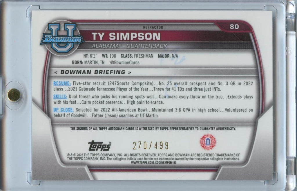 Ty Simpson 2022 Bowman Chrome 1st Auto Autograph RC Alabama Crimson Tide 270/499